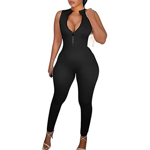 cailami Women's Sexy Sleeveless One Piece Bodycon Jumpsuits V Neck Zipper Club Rompers, Large, Black Cover