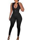 cailami Women's Sexy Sleeveless One Piece Bodycon Jumpsuits V Neck Zipper Club Rompers, Small, Black