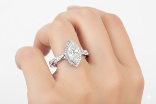 Image of Choose Your Gemstone Twisted Marquise Diamond CZ Halo Ring 925 Sterling Silver Marquise Shape Halo Engagement Rings Minimal Modern Design Birthday Gift Wedding Gift US Size 4 to 12
