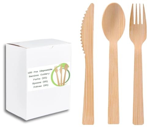 150 pcs Bamboo Cutlery Set (3 x 50 pcs) | Disposable Wooden 