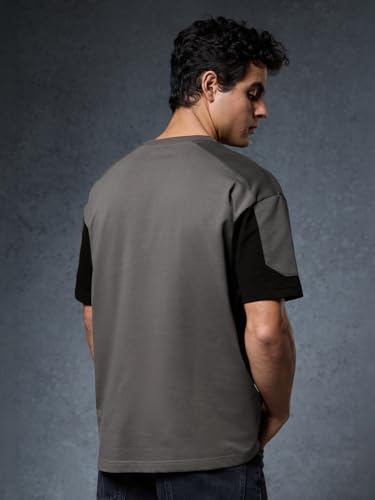 Image of The Souled Store Deadpool: Logo Men and Boys Short Sleeves Round Neck Grey Embroidered Casual Streetwear Lightweight Cotton Oversized T-Shirt