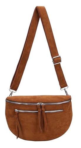 ITALYSHOP24 Damen Tasche Umhängetasche Brusttasche Muster Gürtel Bauchtasche Crossbody Gürteltasche Hüfttasche Crossover Bodybag Schultertasche Handytasche Leder Optik Cognac.M