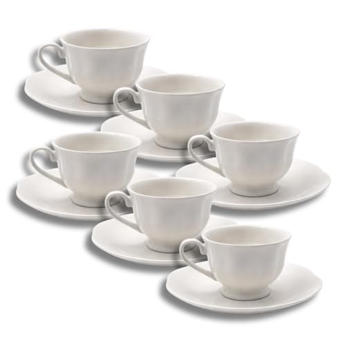 LEONARDO LUXURY HOME DESIGN Set 6 Tazze da Caffè Royal White 90 ml con Piattini in Porcellana Bianca Servizio Elegante Casa Lavabili in Lavastoviglie Microonde Raffinato (Royal White con Piattini)