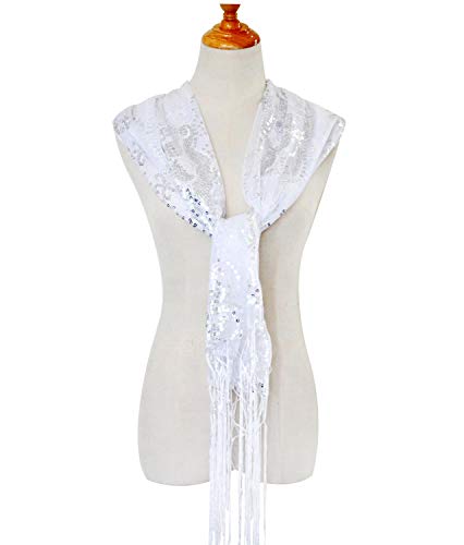 L'vow Women's Glittering 1920S Scarf Mesh Sequin Wedding Cape Fringed Evening Shawl Wrap(Silver) #TOP4
