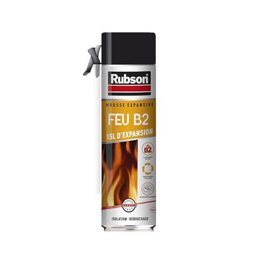 Rubson Mousse expansive Feu B2, Mousse isole et rebouche résistante au feu, Isolant thermique multi-supports pour intérieur & extérieur, isolant blanc, aérosol 500 ml