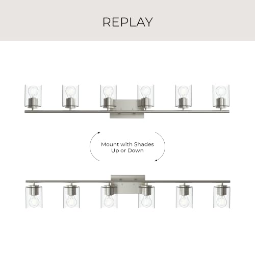 Image of Progress Lighting Replay 48 Inch 6-Light Vanity Light, Transitional, Brushed Nickel with Clear Glass Shades, (7.875 inch H x 48 inch W x 6 inch D), P300585-009