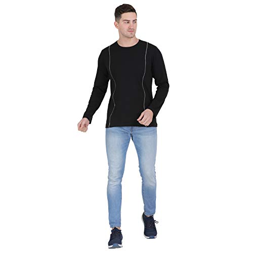 Image of Men Black Zip Detailing Front Round Neck Cotton Full Sleeve T-Shirt