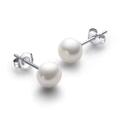 White Pearl Stud Earrings Sterling Silver Button Shape 4-5mm Freshwater Cultured Pearl Stud Earrings for Women Girls