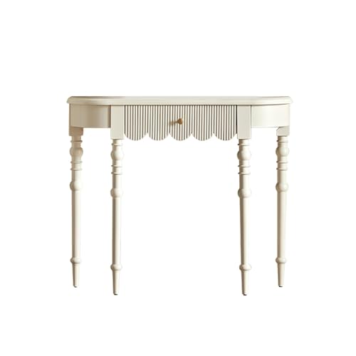 Mesa de entrada de madera maciza con cajón, borde festoneado y patas rectas, mesa consola estrecha para sala de estar, pasillo