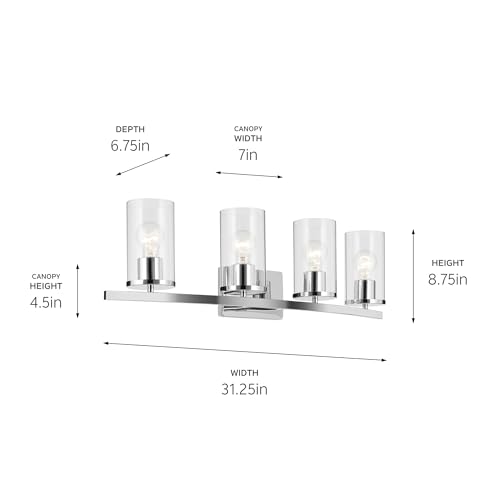 Image of Kichler Crosby 4-Light Bathroom Vanity Light Fixture with Clear Glass in Chrome, Modern Wall Mount Over Mirror Lighting for Bathroom, 31.25 inch x 8.75 inch, 45498CHCLR