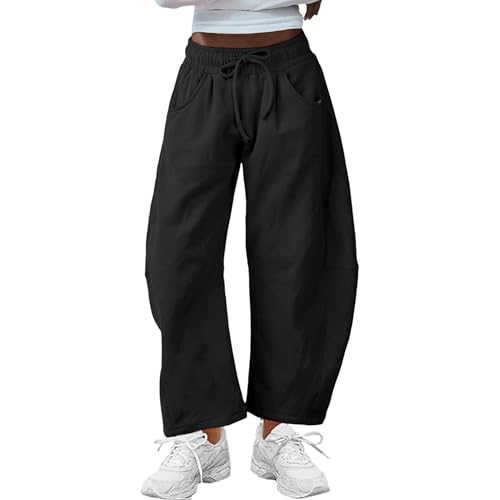 Pantalon de survêtement en coton femme taille élastique jambes larges pantalon ample à poches