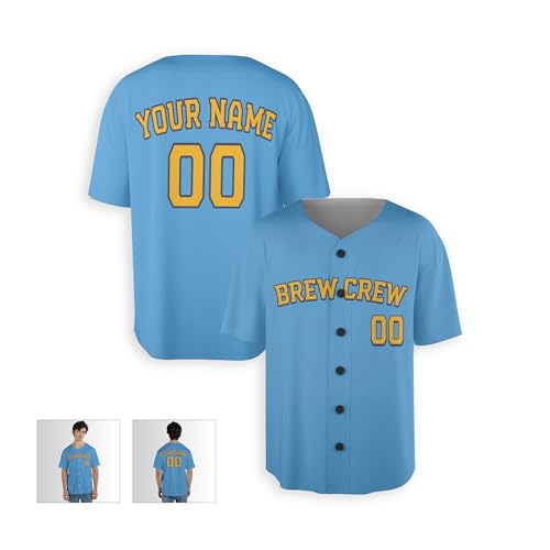 Camiseta personalizada de béisbol con impresión Brew Crew para hombre, mujer, juvenil, niños y bebés - Añade tu nombre y número - Opciones con y sin ribetes Celeste miniatura 3