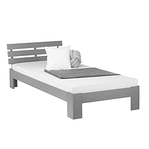 Homestyle4u 2035, Einzelbett Holzbett 90×200 mit Lattenrost Grau Kiefer Bett Bettgestell Massivholz