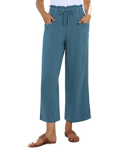Image of siliteelon Wide Leg Linen Pants for Women Summer Capri Palazzo Flowy Pants Casual Loose High Waist Trousers with Pockets