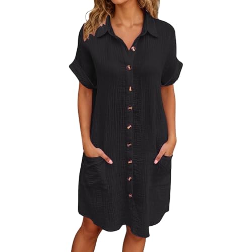 Robe Femme Chic Et Elegant, Robe Chemise Lin Coton Femme Ete Chic Et Elegant Manches Courtes Casuel Couleur Unie Robes Tunique Fluide Avec Boutons Grande...