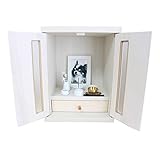 ペット仏壇 メモリアルボックス 観音扉 窓付き 家具調 ホワイト 骨壷収納 ペット仏具8点 肉球おりん敷き おりんセット付 大型犬も (ホワイト)