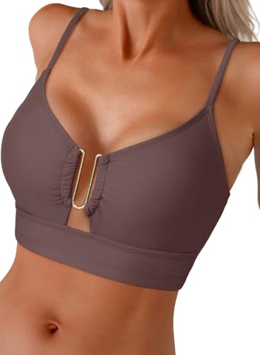 Herseas Women Bikini Tops Crisscross Back U-Wire Cutout Swimsuit Spaghetti Straps Beach 2026 Summer Bathing Suit Fashionable Vacation Swim Tops Brown Medium
