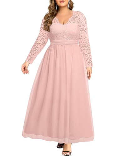 Image of Talisea Plus Size Formal Wedding Dresses - Gowns Evening Prom Elegant V Neck Long Sleeve Lace Chiffon Long Maxi Dress