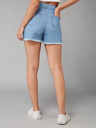 Image of Dolce Crudo Women's Relaxed Fit Mid-Rise Denim Shorts with Adjustable Waist & Frayed Hem