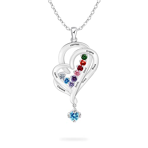 BAUMA AUTO Personalized Mothers Name Necklace 1-8 Simulated Birthstones Sterling Silver Necklace for Women Custom Heart Family Necklace for Mom Mother's Day