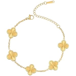 (Sturdy Version) 18K Gold Plated Bracelets for Women Men (Double Sided) Four Leaf Clover Cute Trendy Lucky Braclet (Adjustable) Fit Wrist Within 8 Inch, Gold White Black Green Blue Red Pink