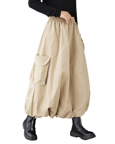 ellazhu Women's Skirt Loose Oversize Elastic Waist Casual Mid Length Solid Side Pocket GZ345