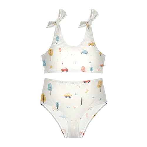 Cute Pattern Cars Road Girl Two Pieces Kids Bikini Set Scoop Neck Swimsuits Swimming Suits Adjustable Strap3