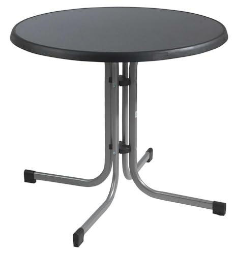 Sieger 209/A Boulevard-Klapptisch mit mecalit-Pro-Platte Ø 86 cm, Stahlrohrgestell graphit, Tischplatte Schieferdekor anthrazit