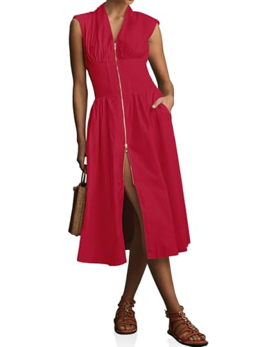 Image of Wenrine Womens Smocked Midi Dress Zipper V Neck Long Summer Dresses | zip front, empire waist, cap sleeve, flowy, a line, high slit, casual midi dress