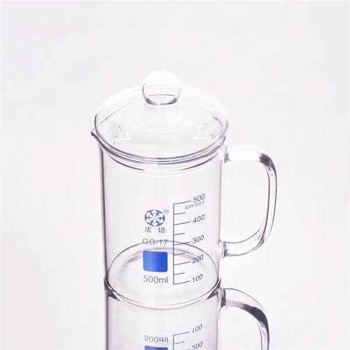 Windzerdong Beaker in Low Form with spout and Glass Handle,Capacity 500ml,Outer Diameter=90mm,Thickness=3mm,Height=120mm,Laboratory Beaker(with lid 500ml)