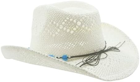 White Straw Cowboy Hat for Women with Beaded Trim and Shapeable Brim
