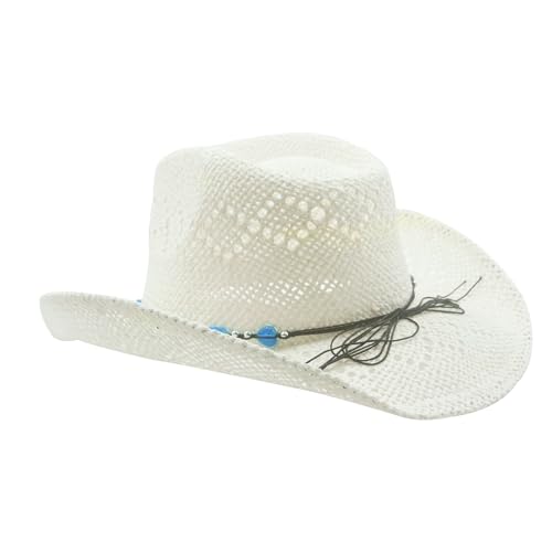 White Straw Cowboy Hat for Women with Beaded Trim and Shapeable Brim