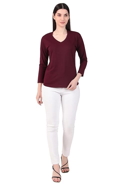 Image of Women's 3 /4 Sleeves Regular Fit V-Neck Cotton T-Shirt