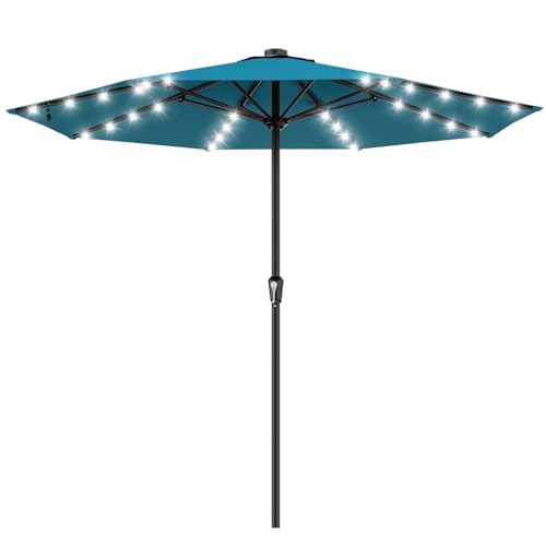 Image of AreShark 11FT Large Patio Umbrella with Solar Lights, Lighted Solar Umbrella with Crank, Outdoor Table Market Umbrellas for Garden, Deck, Backyard, Pool and Beach, Lake Blue