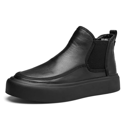 Men's Leather Platform Chelsea Boots Round Toe Comfortable Fur Lined Elastic Slip-On Casual Ankle Boots Mid-Top Business Work Dress Booties