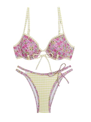 Women's Floral Underwire Bikini Set 2 Piece Bow Knot Spaghetti Strap Swimsuits High Cut String Bathing Suit