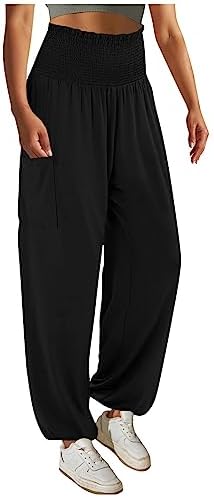 Bemona Women's Casual Pants, Solid Color High Waisted Pleated Leggings Casual Pants
