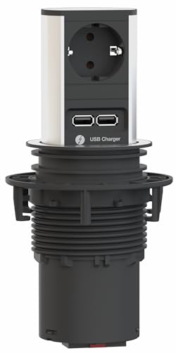 BACHMANN Versenkbare Steckdose Elevator 1x Steckdose mit 2X USB A 2m Kabel Tischsteckdose für Küche und Büro Edelstahl-Optik 928.017 (Fährt per Fingerdruck aus, mit hochwertigem Aluminium-Profil)