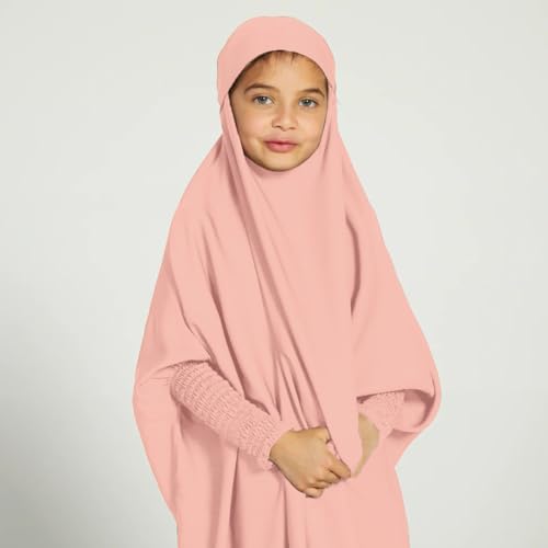 IMEKIS Kids Girls Long Sleeve Full Cover Hijab Kaftan Dubai Islamic Prayer Dress Abaya Muslim One-Piece Hooded Robe Gown2