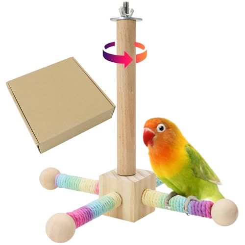 Image of Bird Stand Perch Toy, 360 Rotating Bird Perch Toy Cage Accessories Interactive Spinning Parakeet Wooden Exercise Wheel Parrot