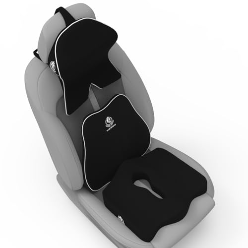 Image of MRRON Memory Foam Posture Corrector Car Seat Cushions Combo | Orthopedic Backrest, Coccyx Cushion & Neckrest | Ergonomic Lumbar Comfort Seat Cushion | Reduces Sciatica (Black, Slim backrest)