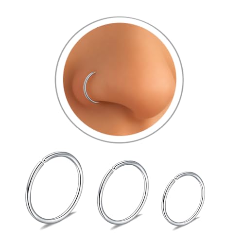 WIIKKOPM 3pk Thin Titanium Nose Ring G23 Implant Grade Nose hoops 6mm 8mm 10mm Diamter, 22g Guage for Nose helix Tragus Septum cartilague Colour (Silver)