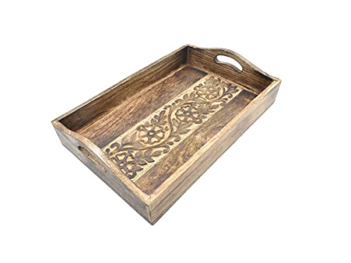 Store Indya Hand Carved Wooden Breakfast Serving Tray With Handle For Breakfast Tea Snack Dessert | Kitchen Dining Serve-Ware Accessories | 15 X 10 Inches #TOP2