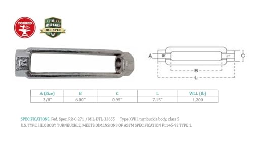 Prolinemax Stainless Steel T316 Drop Forged 3/8" x 6" Turnbuckle Body 1,200 Lbs WLL miniatura 2