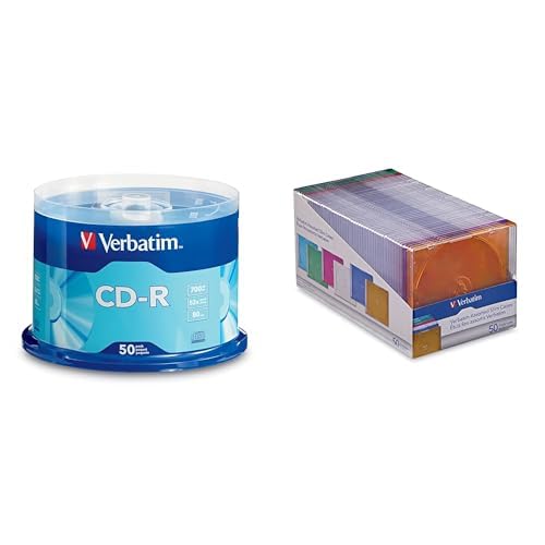Verbatim CD-R 50 Discs Spindle + 50 Slim Storage Cases Assorted Colors – Data &amp; Music Recording Bundle