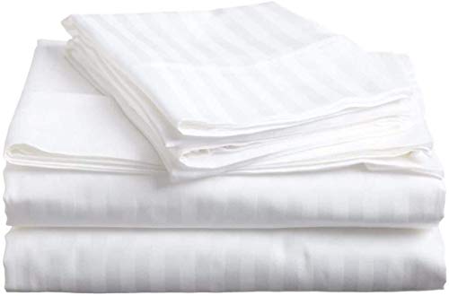 Rajlinen Waterbed Sheets Set - 4 Piece Attached With Fitted Sheet Cool Breathable And Ultra Soft Rich 100% Cotton 15" Deep Pocket Attached Waterbed Sheet Set (White Stripe, King/California King) #TOP6