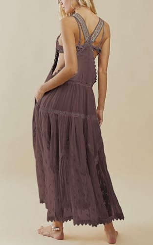 Women's Casual Lace Embroidered Maxi Dress Adjustable Strap Pleated Tiered Swing Long Dress with Pockets2