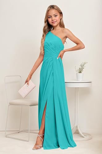 Turquoise Junior Bridesmaid Dresses One Shoulder Chiffon Flower Girl Dress for Wedding Long Party Pageant Gowns Size 122
