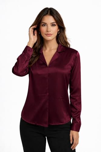 Image of Cuban Collar Cuffed Sleeves Formal Satin Shirt Style Top