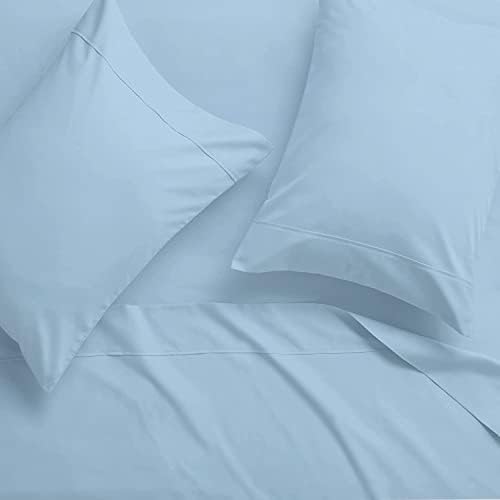100% Egyptian Cotton Sheets for Queen Size Bed, 300 Thread Count Long Staple Cotton, Sateen Cooling Sheets Queen, 15 Inch Deep Pocket Queen Sheets Set (Light Blue Solid) - Thumbnail 2